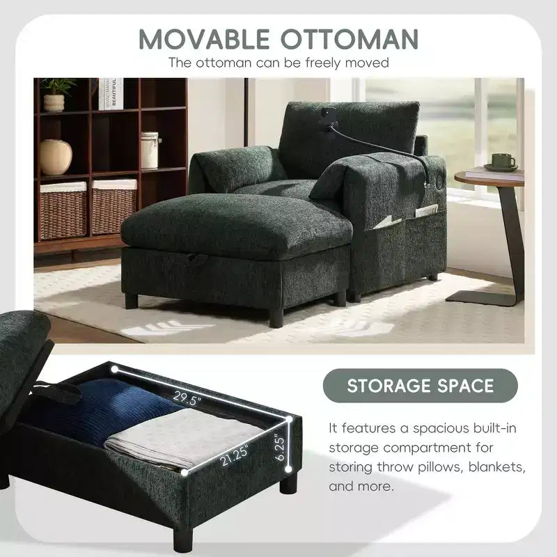 Divano Singolo Oversize in ciniglia e Chaise Longue con Pouf Contenitore, Supporto Telefono Regolabile, Porte di Ricarica, Tasche Laterali