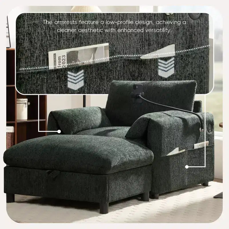 Divano Singolo Oversize in ciniglia e Chaise Longue con Pouf Contenitore, Supporto Telefono Regolabile, Porte di Ricarica, Tasche Laterali