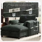 Divano Singolo Oversize in ciniglia e Chaise Longue con Pouf Contenitore, Supporto Telefono Regolabile, Porte di Ricarica, Tasche Laterali