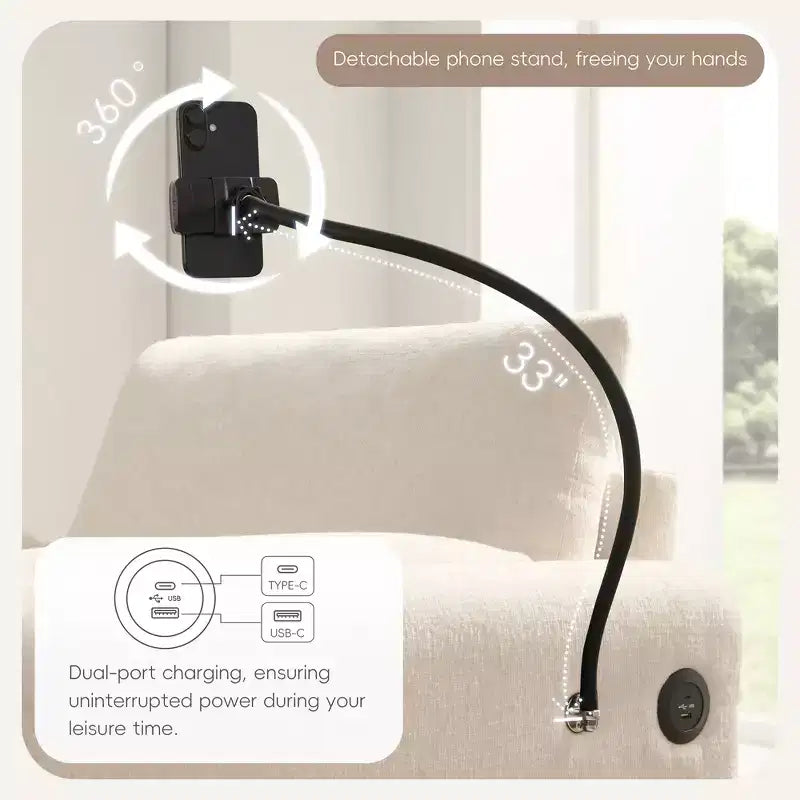 Divano Singolo Oversize in ciniglia e Chaise Longue con Pouf Contenitore, Supporto Telefono Regolabile, Porte di Ricarica, Tasche Laterali