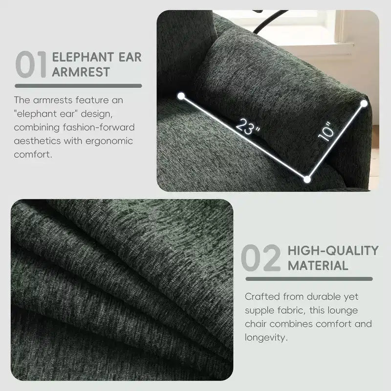 Divano Singolo Oversize in ciniglia e Chaise Longue con Pouf Contenitore, Supporto Telefono Regolabile, Porte di Ricarica, Tasche Laterali