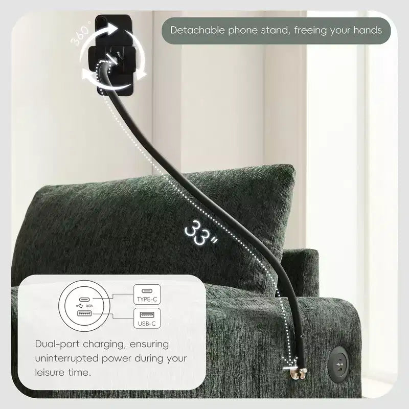 Divano Singolo Oversize in ciniglia e Chaise Longue con Pouf Contenitore, Supporto Telefono Regolabile, Porte di Ricarica, Tasche Laterali