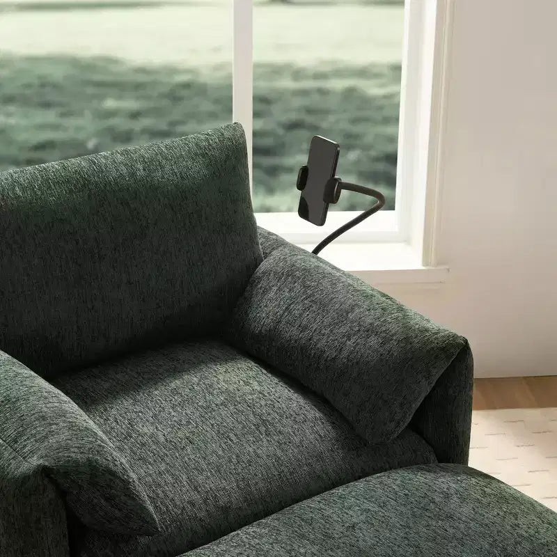 Divano Singolo Oversize in ciniglia e Chaise Longue con Pouf Contenitore, Supporto Telefono Regolabile, Porte di Ricarica, Tasche Laterali