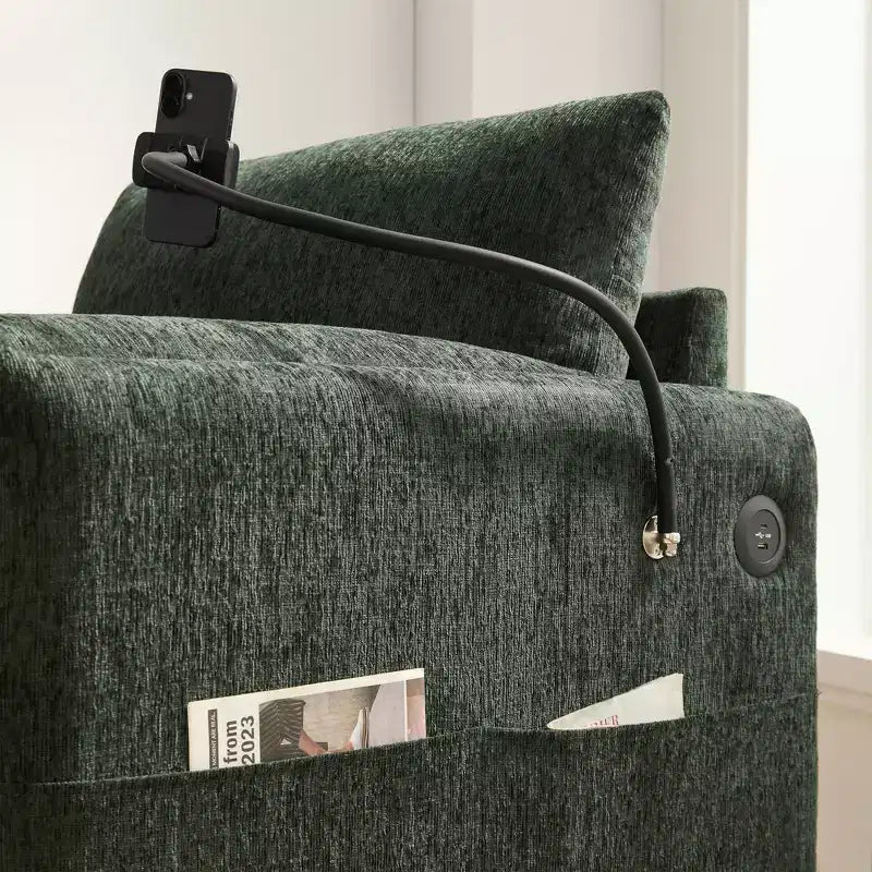 Divano Singolo Oversize in ciniglia e Chaise Longue con Pouf Contenitore, Supporto Telefono Regolabile, Porte di Ricarica, Tasche Laterali
