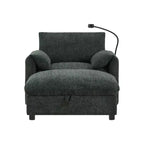 Divano Singolo Oversize in ciniglia e Chaise Longue con Pouf Contenitore, Supporto Telefono Regolabile, Porte di Ricarica, Tasche Laterali