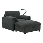 Divano Singolo Oversize in ciniglia e Chaise Longue con Pouf Contenitore, Supporto Telefono Regolabile, Porte di Ricarica, Tasche Laterali