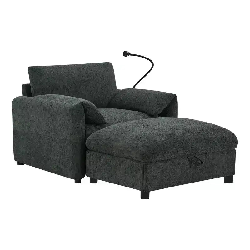 Divano Singolo Oversize in ciniglia e Chaise Longue con Pouf Contenitore, Supporto Telefono Regolabile, Porte di Ricarica, Tasche Laterali