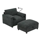 Divano Singolo Oversize in ciniglia e Chaise Longue con Pouf Contenitore, Supporto Telefono Regolabile, Porte di Ricarica, Tasche Laterali