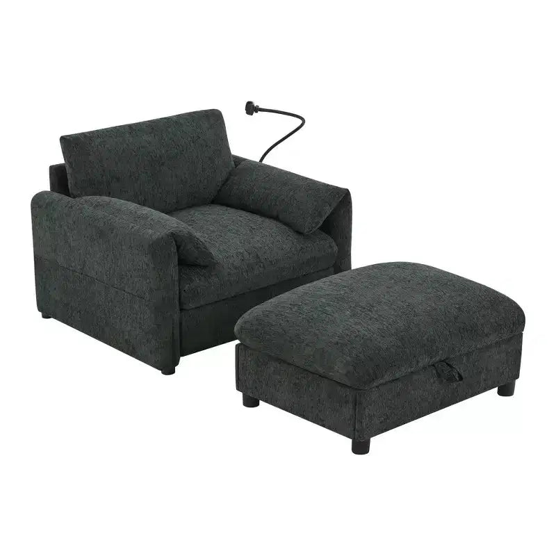 Divano Singolo Oversize in ciniglia e Chaise Longue con Pouf Contenitore, Supporto Telefono Regolabile, Porte di Ricarica, Tasche Laterali