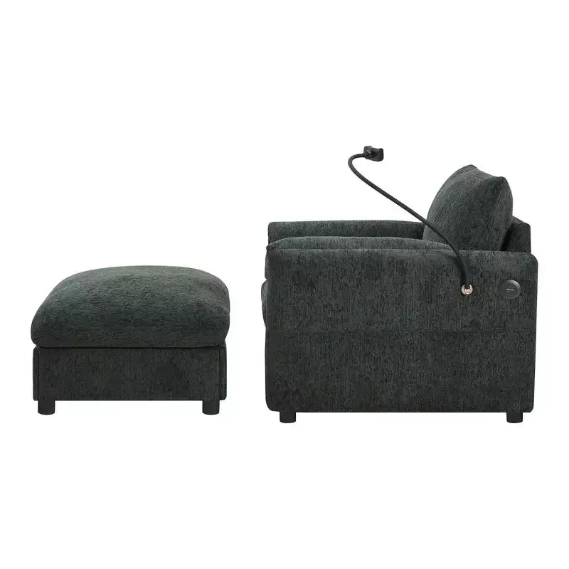 Divano Singolo Oversize in ciniglia e Chaise Longue con Pouf Contenitore, Supporto Telefono Regolabile, Porte di Ricarica, Tasche Laterali