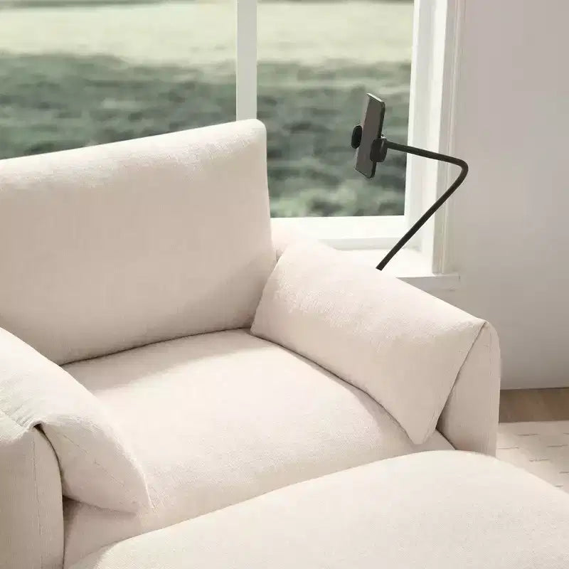 Divano Singolo Oversize in ciniglia e Chaise Longue con Pouf Contenitore, Supporto Telefono Regolabile, Porte di Ricarica, Tasche Laterali