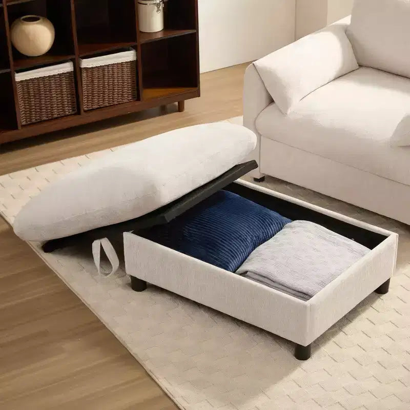 Divano Singolo Oversize in ciniglia e Chaise Longue con Pouf Contenitore, Supporto Telefono Regolabile, Porte di Ricarica, Tasche Laterali