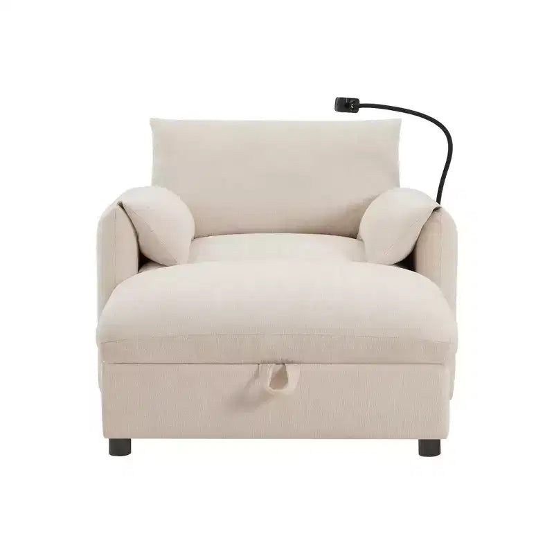 Divano Singolo Oversize in ciniglia e Chaise Longue con Pouf Contenitore, Supporto Telefono Regolabile, Porte di Ricarica, Tasche Laterali