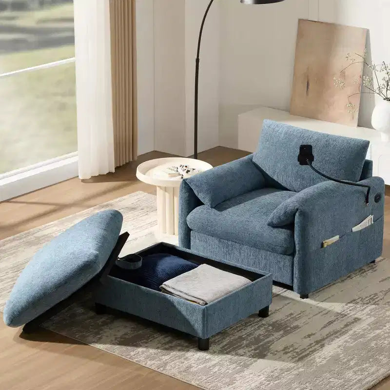 Divano Singolo Oversize in ciniglia e Chaise Longue con Pouf Contenitore, Supporto Telefono Regolabile, Porte di Ricarica, Tasche Laterali