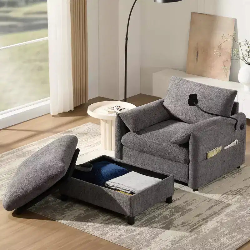Divano Singolo Oversize in ciniglia e Chaise Longue con Pouf Contenitore, Supporto Telefono Regolabile, Porte di Ricarica, Tasche Laterali