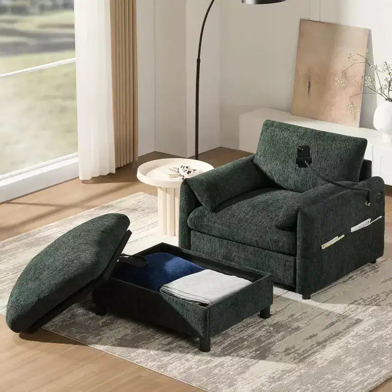 Divano Singolo Oversize in ciniglia e Chaise Longue con Pouf Contenitore, Supporto Telefono Regolabile, Porte di Ricarica, Tasche Laterali
