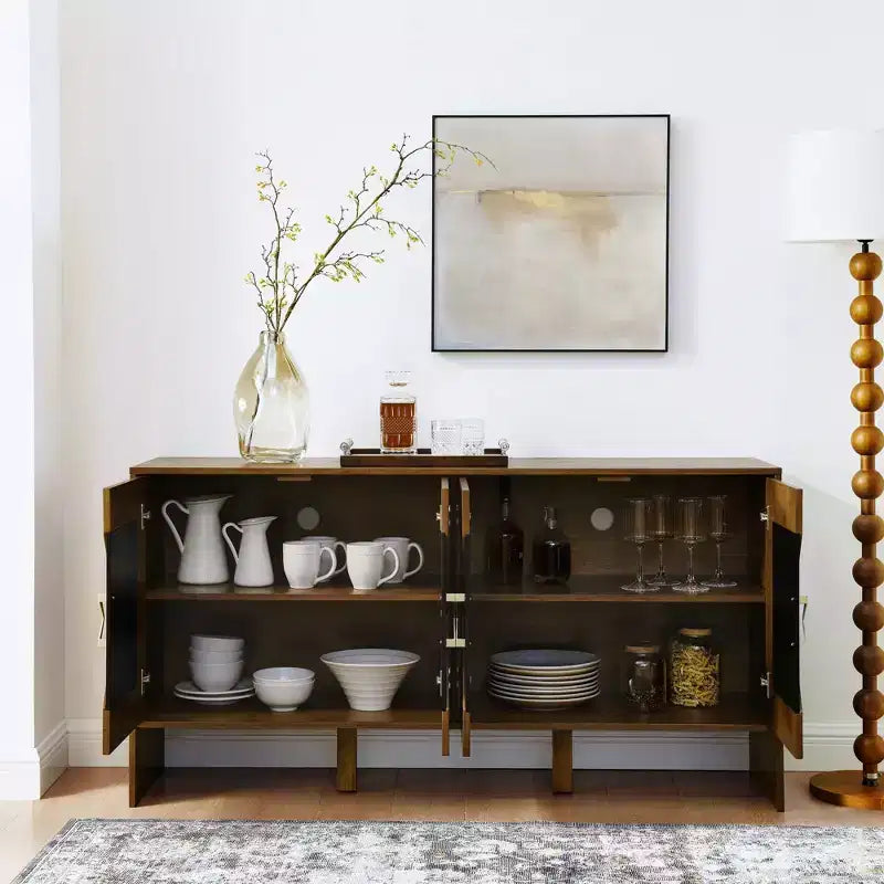 Credenza moderna con vani, mobile buffet scanalato con motivo geometrico e ripiani regolabili per ingresso/cucina/sala da pranzo