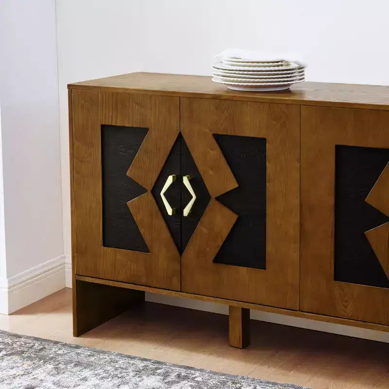 Credenza moderna con vani, mobile buffet scanalato con motivo geometrico e ripiani regolabili per ingresso/cucina/sala da pranzo