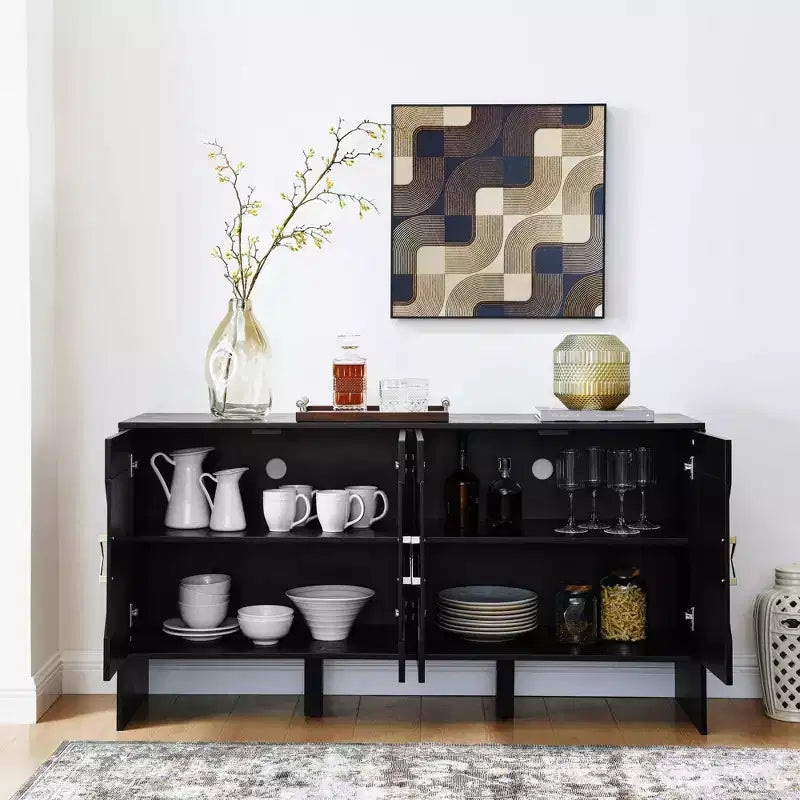 Credenza moderna con vani, mobile buffet scanalato con motivo geometrico e ripiani regolabili per ingresso/cucina/sala da pranzo