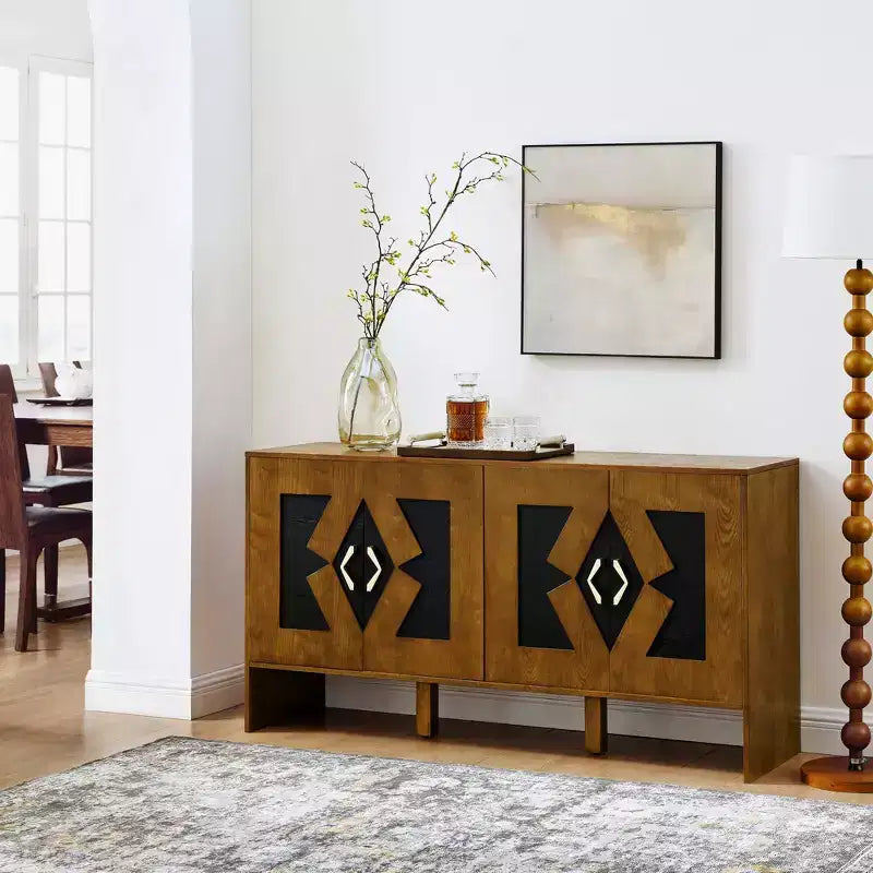 Credenza moderna con vani, mobile buffet scanalato con motivo geometrico e ripiani regolabili per ingresso/cucina/sala da pranzo