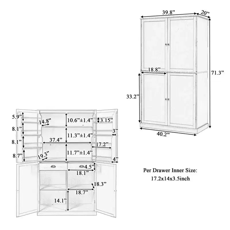 Mobile credenza alto moderno da 181 cm autoportante per sala da pranzo con ante e ripiani interni, 2 ripiani regolabili e 8 mensole sulle ante per cucina e soggiorno