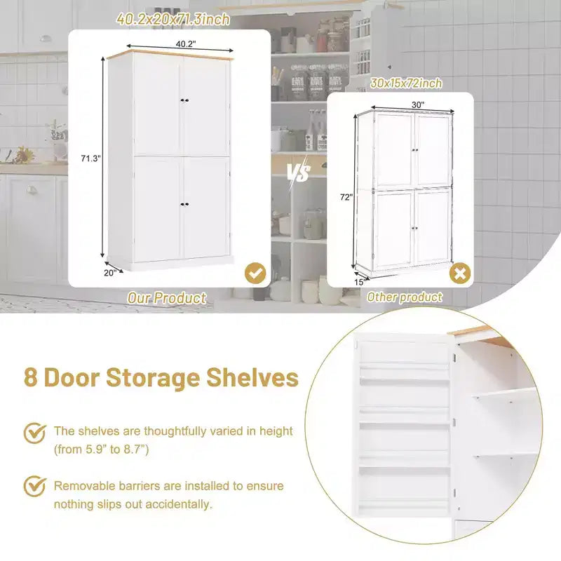 Mobile credenza alto moderno da 181 cm autoportante per sala da pranzo con ante e ripiani interni, 2 ripiani regolabili e 8 mensole sulle ante per cucina e soggiorno