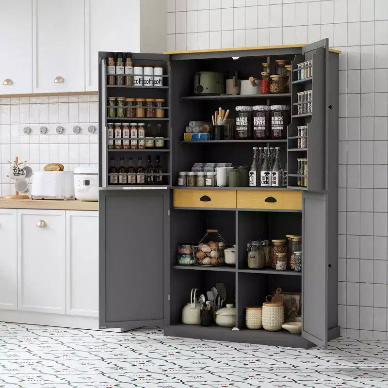 Mobile credenza alto moderno da 181 cm autoportante per sala da pranzo con ante e ripiani interni, 2 ripiani regolabili e 8 mensole sulle ante per cucina e soggiorno
