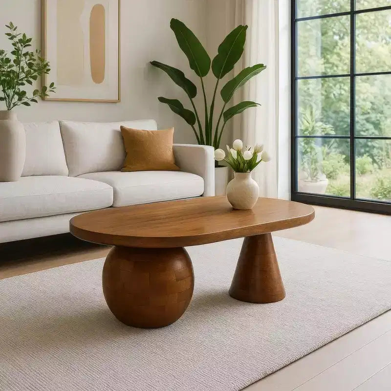 Royal Hampton Coffee Table | 38 Handmade Mango Wood Oval Top | Round Ball and Cone Base