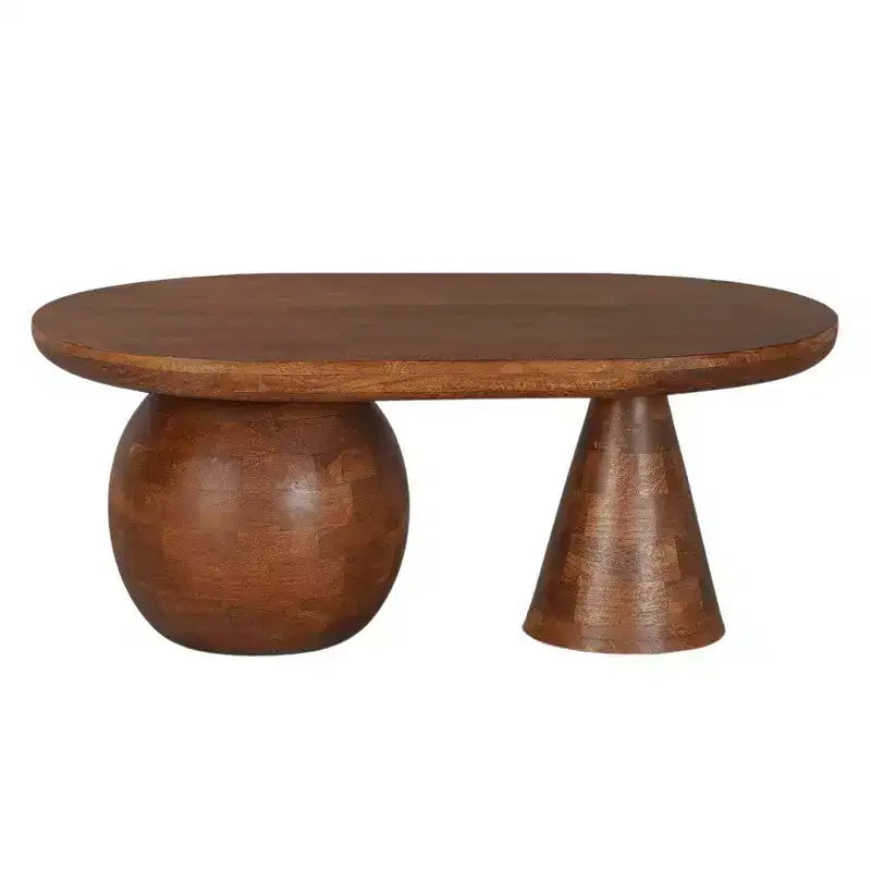 Tavolino da caffè ovale da 38" fatto a mano in legno di mango - Base a sfera e cono rotonda