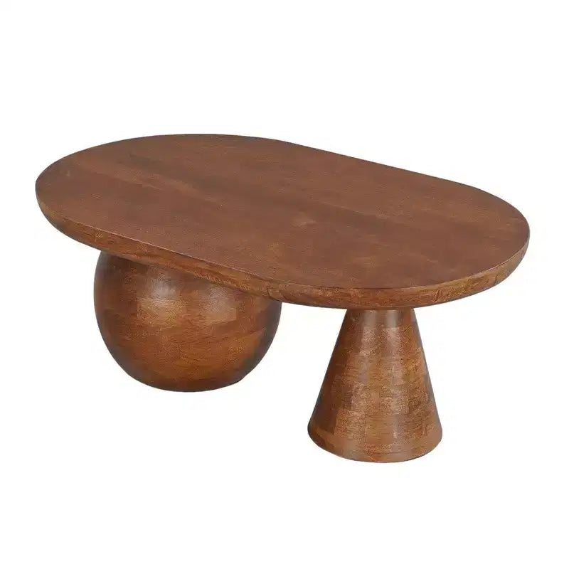 Tavolino da caffè ovale da 38" fatto a mano in legno di mango - Base a sfera e cono rotonda