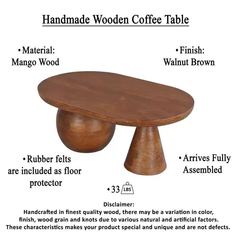 Tavolino da caffè ovale da 38" fatto a mano in legno di mango - Base a sfera e cono rotonda