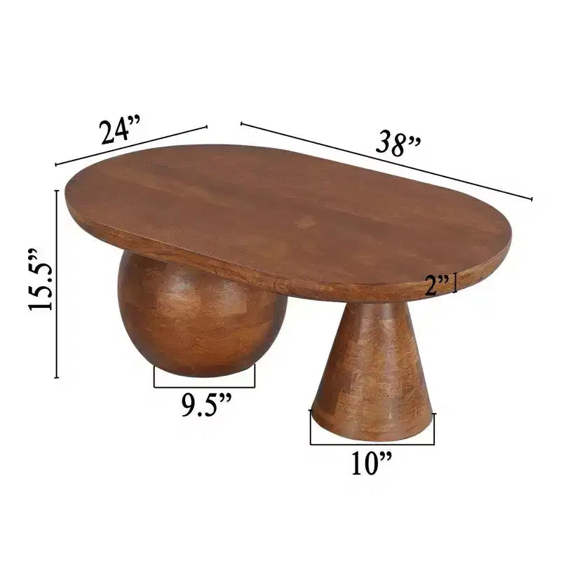 Tavolino da caffè ovale da 38" fatto a mano in legno di mango - Base a sfera e cono rotonda