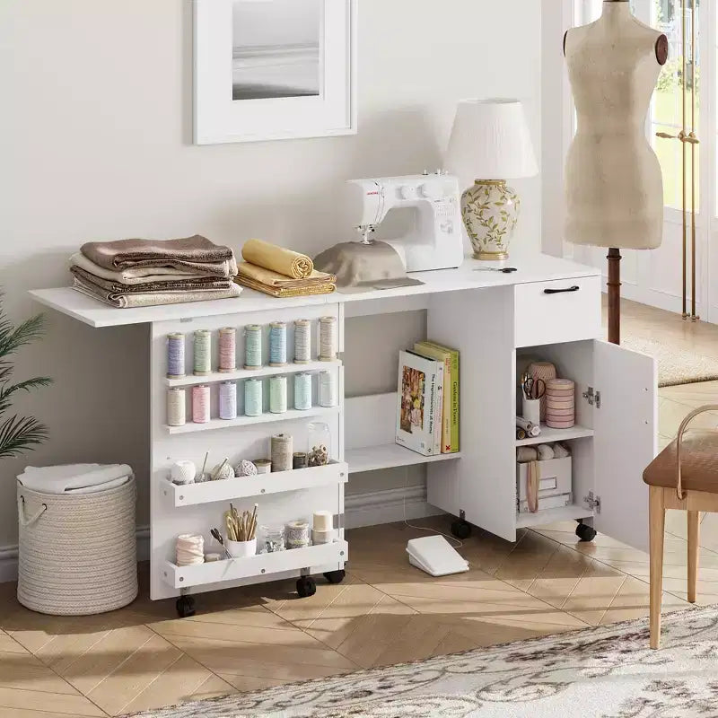 Sewing Table Craft Table - Folding with Drawer, Shelves Storage, Lockable Wheels, Portable Craft Station & Side Desk