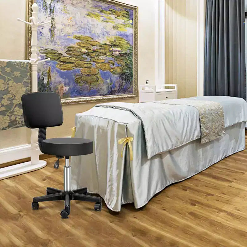 Sgabello con rotelle regolabile con sollevamento idraulico, per massaggi, spa, salone di bellezza, con schienale