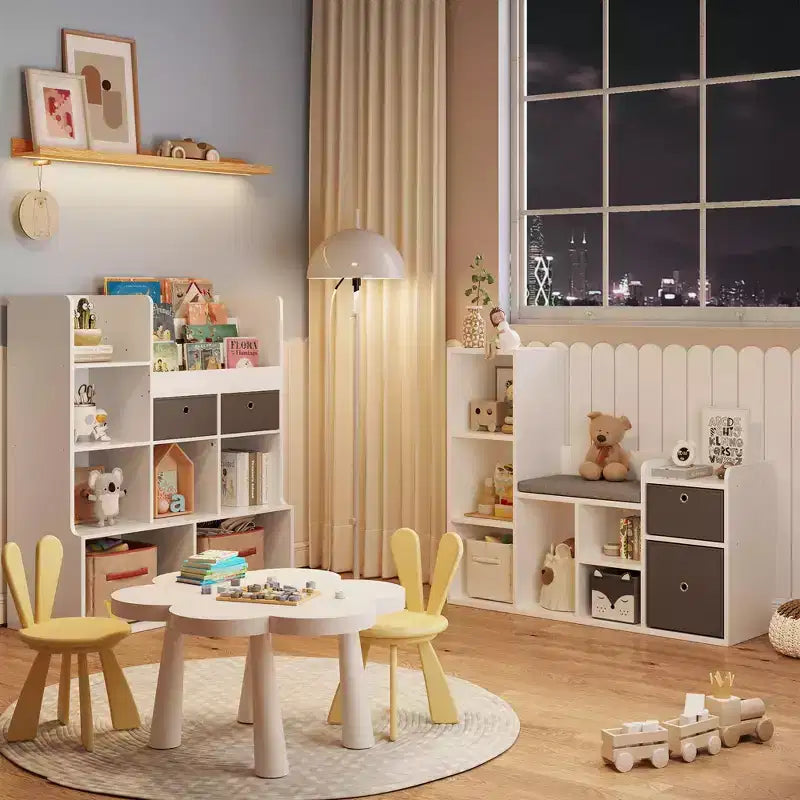Libreria per bambini, Scaffale per bambini da 44,1 con morbido cuscino e seduta, Contenitore per giocattoli per bambini, Armadietto per bambini