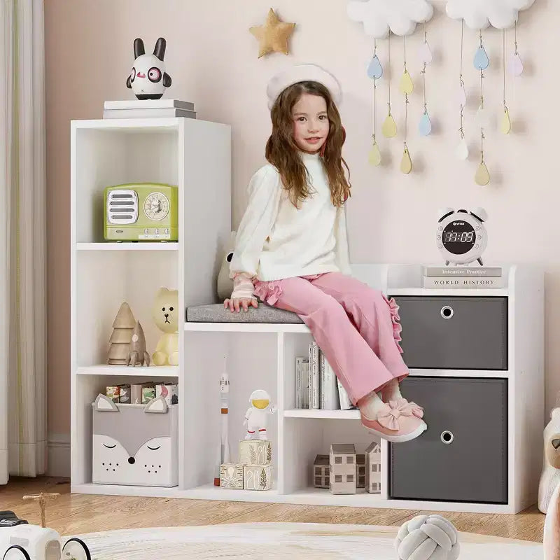 Libreria per bambini, Scaffale per bambini da 44,1 con morbido cuscino e seduta, Contenitore per giocattoli per bambini, Armadietto per bambini