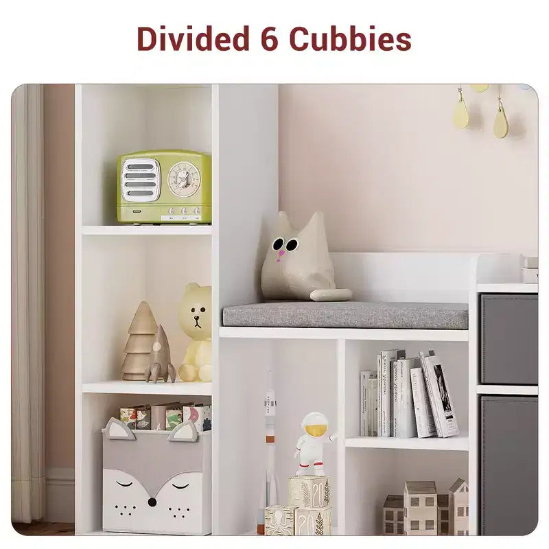 Libreria per bambini, Scaffale per bambini da 44,1 con morbido cuscino e seduta, Contenitore per giocattoli per bambini, Armadietto per bambini
