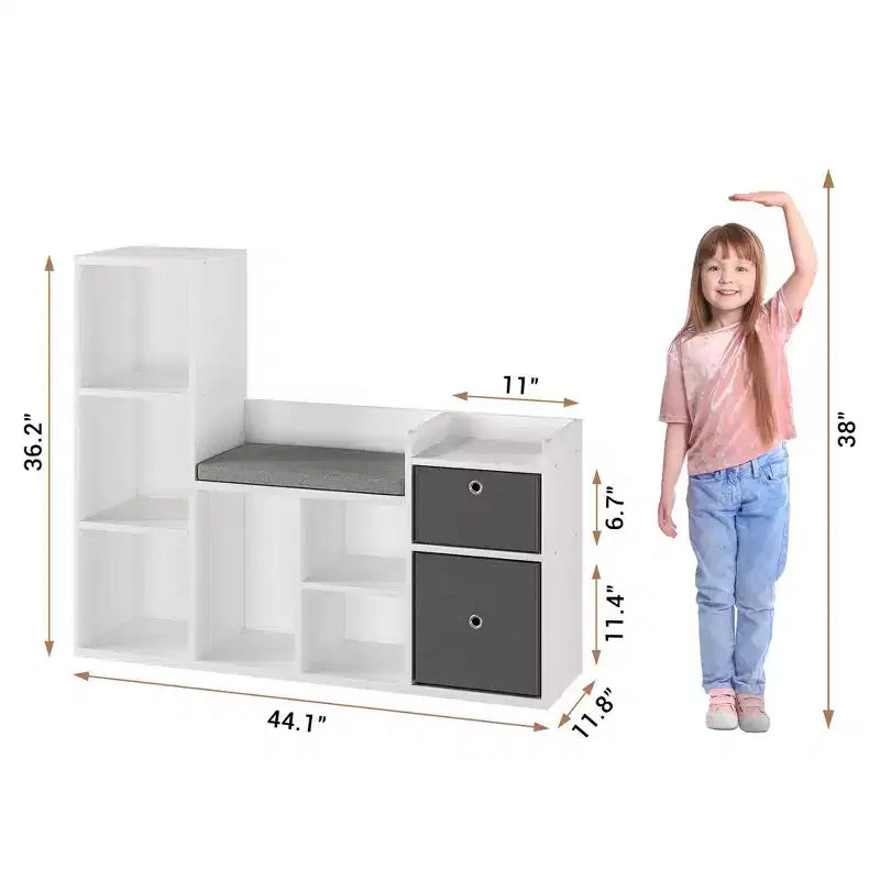 Libreria per bambini, Scaffale per bambini da 44,1 con morbido cuscino e seduta, Contenitore per giocattoli per bambini, Armadietto per bambini