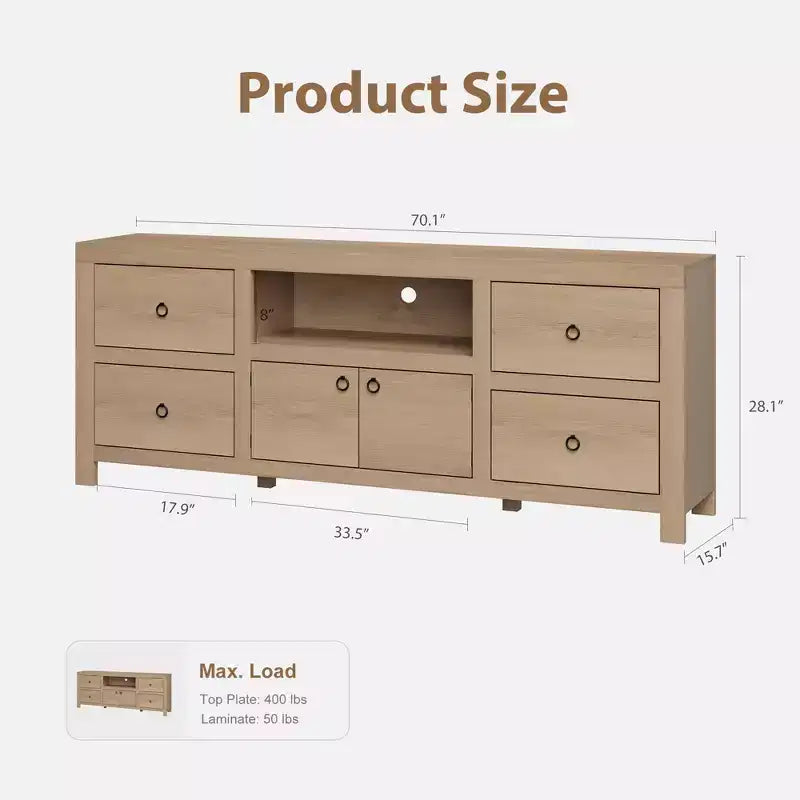 Mobile TV rustico da 178/203 cm per televisori da 75/80 pollici, mobile da intrattenimento lungo 178 cm con 6 cassetti portaoggetti e ripiano per soundbar, supporti per console TV marroni