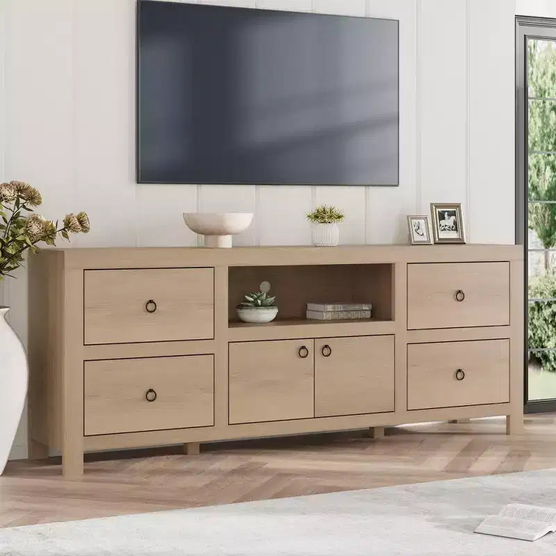 Farmhouse TV Stand for 75/80 Inch TVs, 70 Long Entertainment Center with 6 Storage Drawer & Soundbar Shelf, Brown Television Consoles Stands