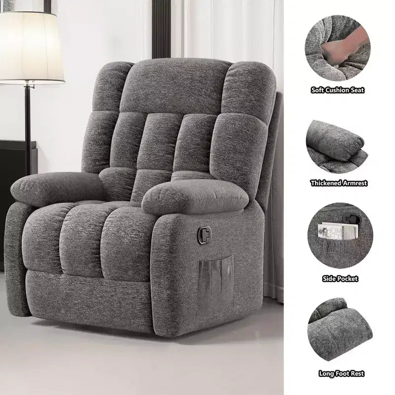 Poltrona Reclinabile Ergonomica Inclinazione Regolabile 110-160°, Poggiapiedi e Tasca Laterale per Soggiorno, Grigia