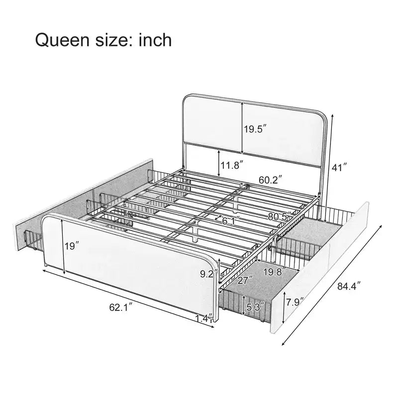 Letto a piattaforma moderno imbottito con 4 cassetti contenitore sotto il letto