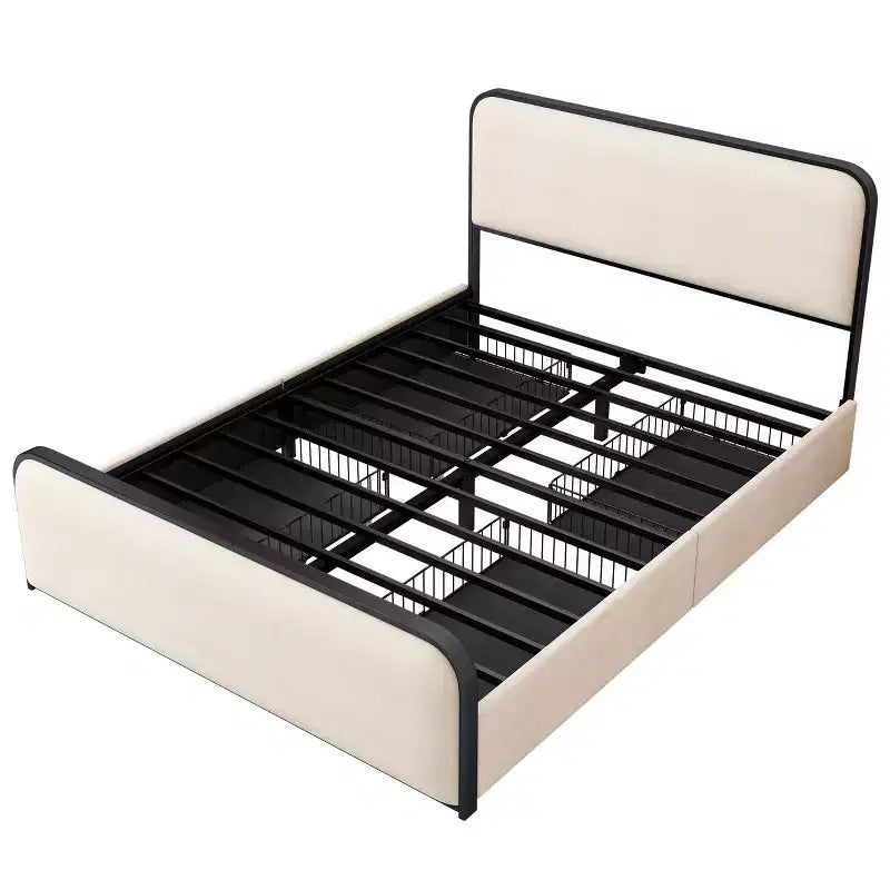 Letto a piattaforma moderno imbottito con 4 cassetti contenitore sotto il letto