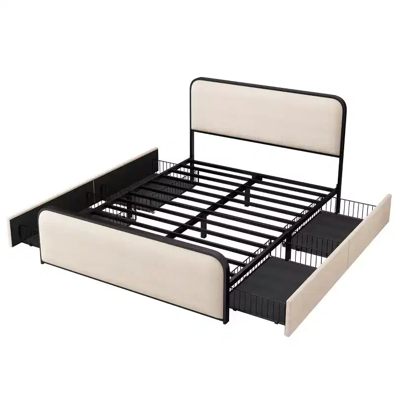 Letto a piattaforma moderno imbottito con 4 cassetti contenitore sotto il letto
