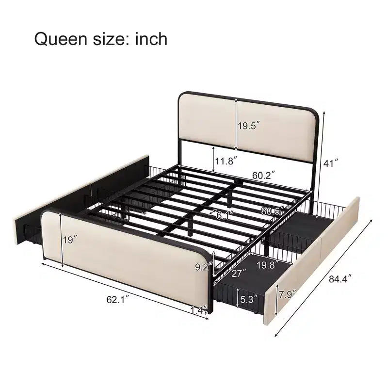 Letto a piattaforma moderno imbottito con 4 cassetti contenitore sotto il letto