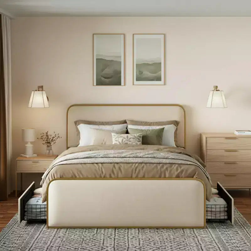 Letto a piattaforma moderno imbottito con 4 cassetti contenitore sotto il letto