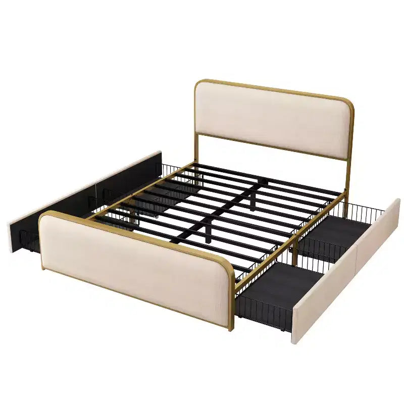 Letto a piattaforma moderno imbottito con 4 cassetti contenitore sotto il letto