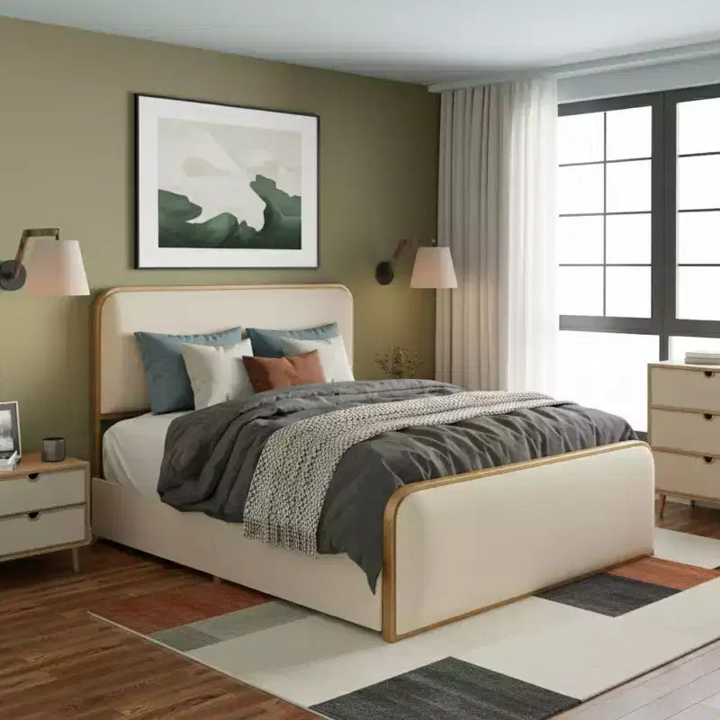 Letto a piattaforma moderno imbottito con 4 cassetti contenitore sotto il letto