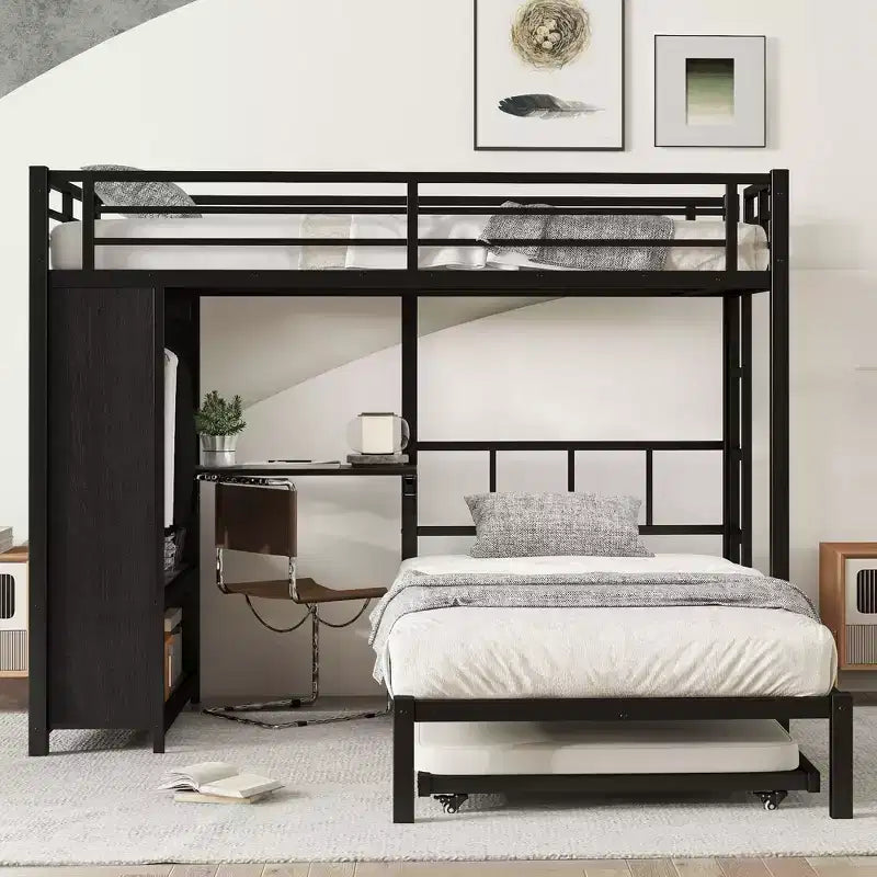 Letto a castello con armadio integrato, in metallo, con letto estraibile, scrivania pieghevole, scale, design a rumore ridotto, nero