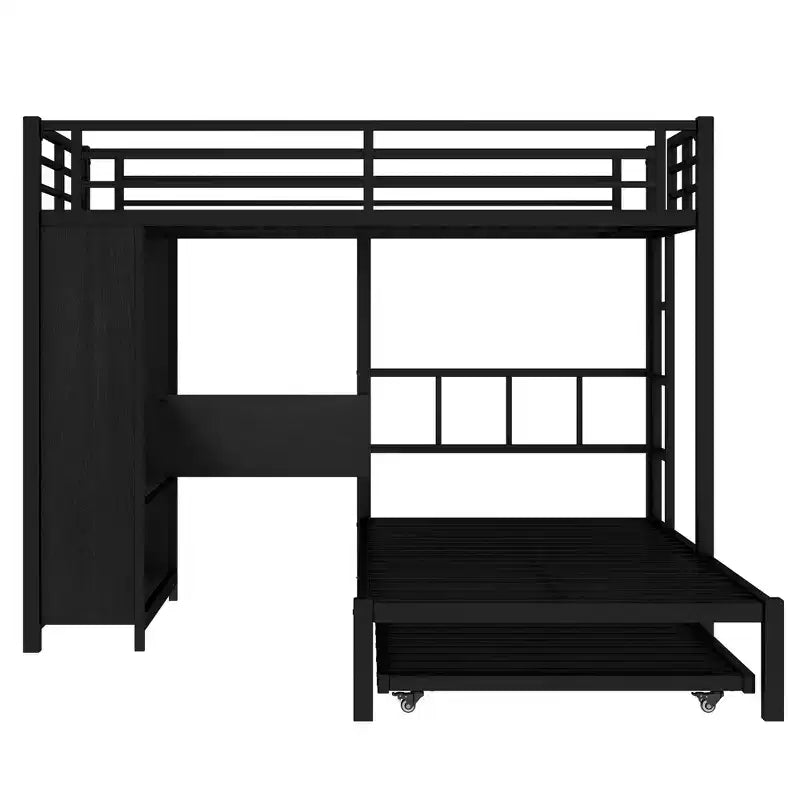 Letto a castello con armadio integrato, in metallo, con letto estraibile, scrivania pieghevole, scale, design a rumore ridotto, nero